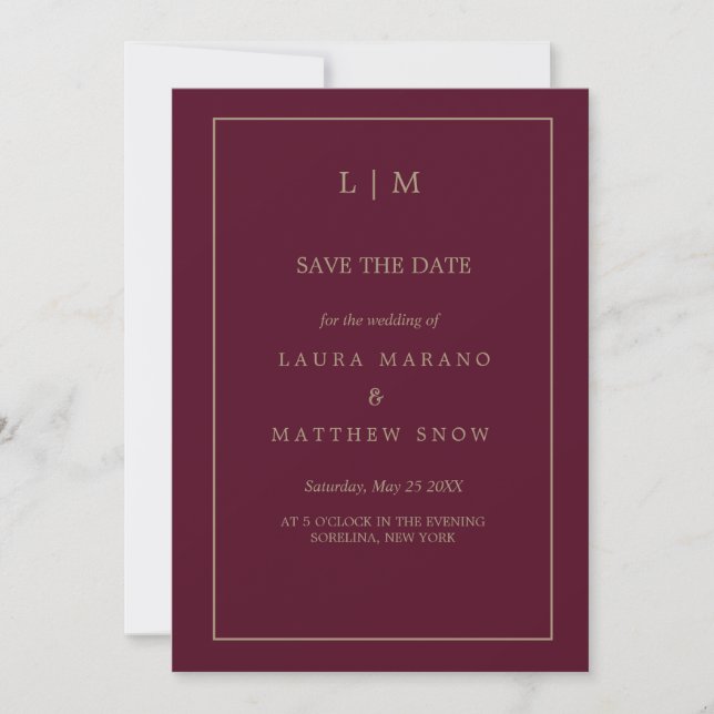 Simple Burgundy Formal Monogram Wedding  Save The Date (Front)