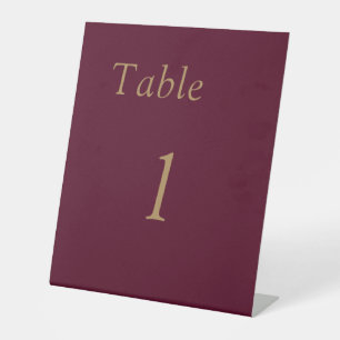 Simple Burgundy Gold Wedding Table Number Pedestal Sign