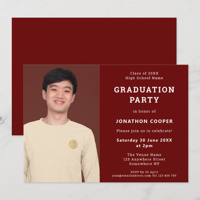 Simple Burgundy Grad Photo Graduation Party Invitation (Front/Back)