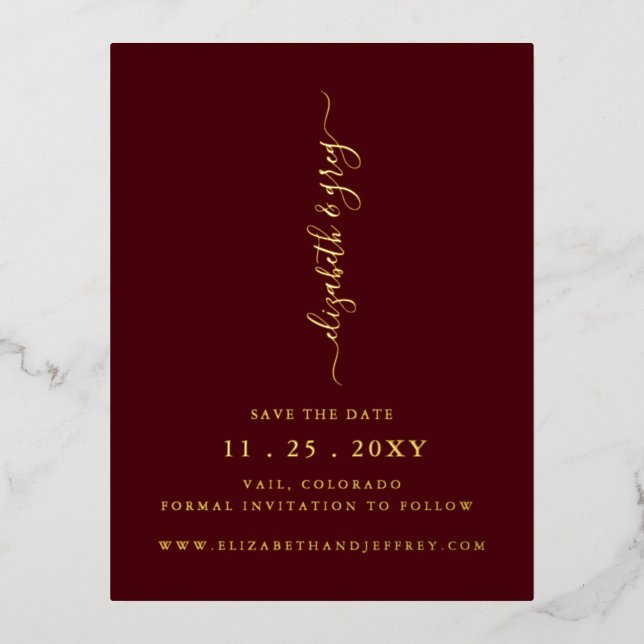 Simple Burgundy handwritten luxe Save The Date  Foil Invitation Postcard (Front)