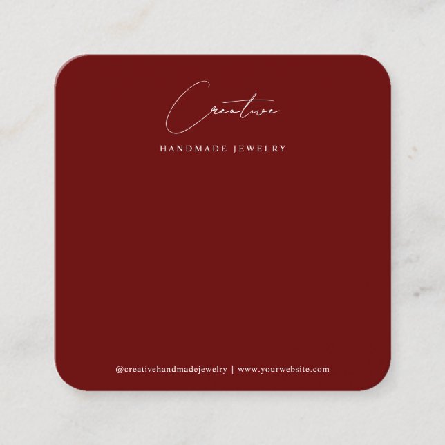 Simple Burgundy Handwritten Script Jewellery Displ Square Business Card (Front)