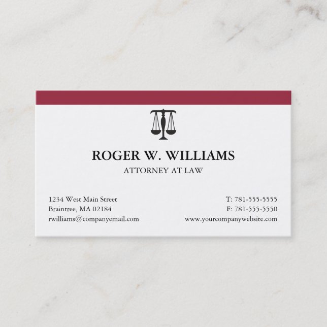 Simple Burgundy Law Attorney Justice Scale Business Card (Front)