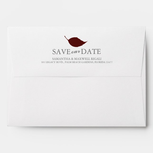 Simple Burgundy Leaves Return Address Wedding Envelope (Back (Top Flap))