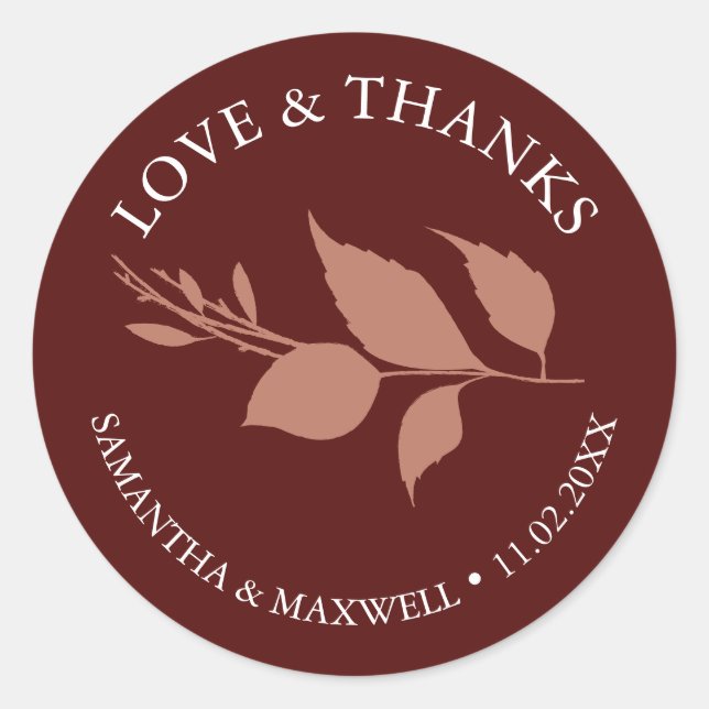 Simple Burgundy Leaves Thank You Wedding Classic Round Sticker (Front)