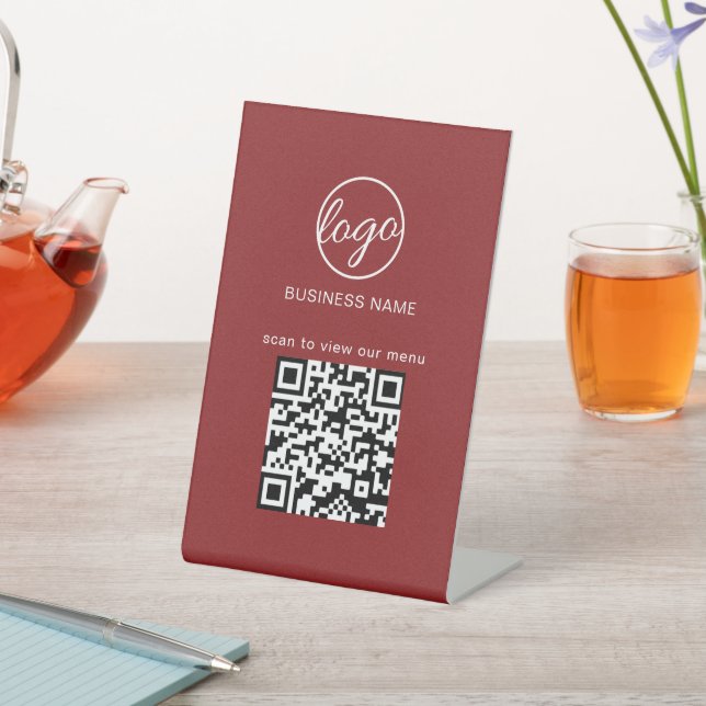 Simple Burgundy Logo QR Code Modern Business Pedestal Sign (In SItu)