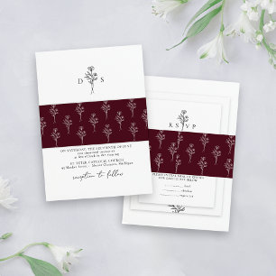 Simple Burgundy Minimalist Floral Pattern Wedding Invitation Belly Band