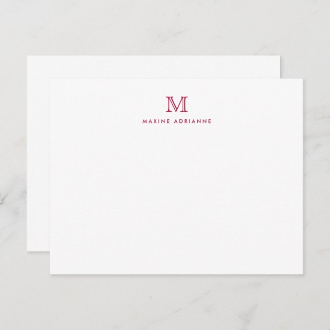 Simple Burgundy Modern Monogram Initial Note Card (Front/Back)