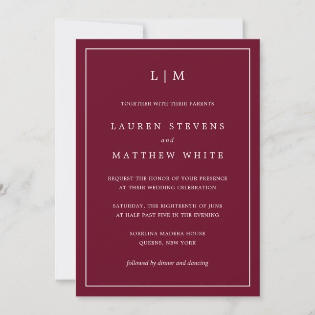 Simple Burgundy Monogram Elegant Wedding Invitation (Front)