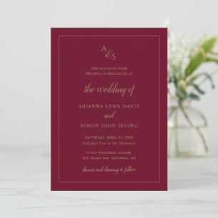 Simple Burgundy Monogram Formal Elegant Wedding Invitation