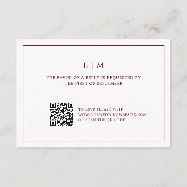 Simple Burgundy Monogram QR Code Elegant Wedding RSVP Card (Front)