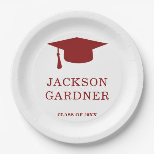 Simple Burgundy Mortar Board Modern Graduation Paper Plate