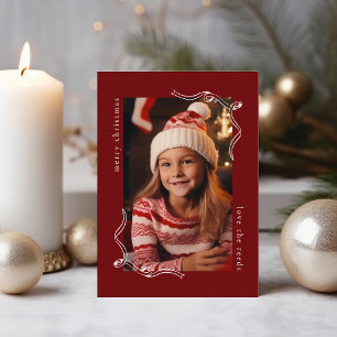 Simple Burgundy Photo Holiday Card with Ribbon Art