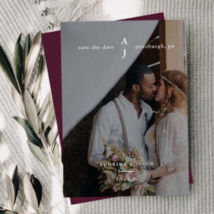 Simple Burgundy Photo Monogram Wedding Save The Date