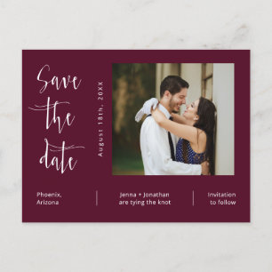 Simple Burgundy Photo QR Code Save The Date Postcard