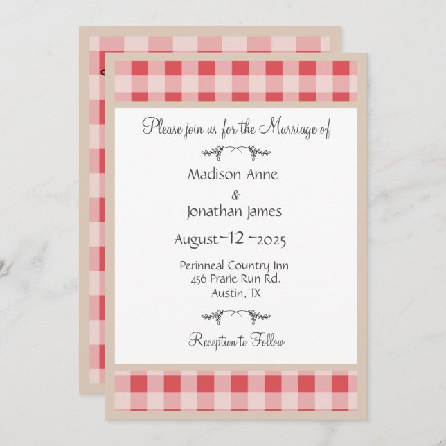 Simple Burgundy Plaid Gingham Country Weddig Invitation (Front/Back)