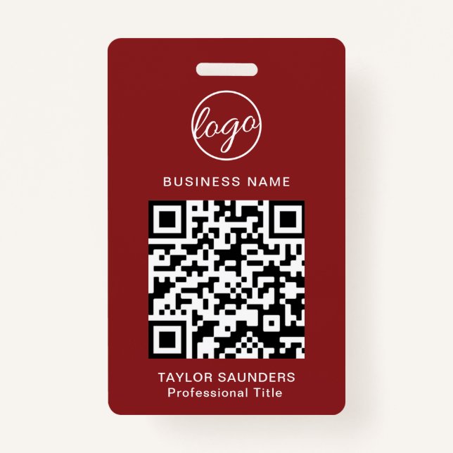 Simple Burgundy QR Code Employee ID ID Badge (Front)