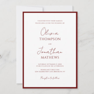 Simple Burgundy Red Border Script Wedding Invitation