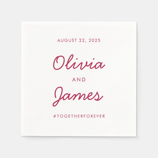 Simple Burgundy Red Marsala Script Wedding Hashtag Napkin (Front)