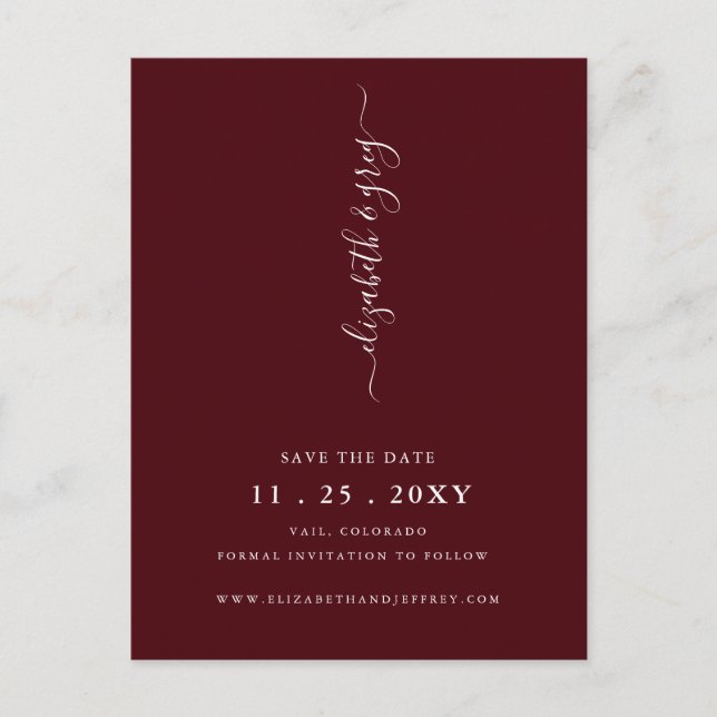 Simple Burgundy Save The Date    Announcement Postcard (Front)