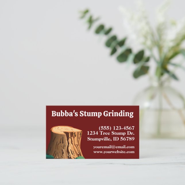 Simple Burgundy Stump Grinding Business Card (Standing Front)