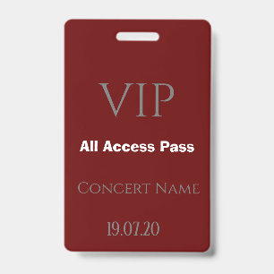 Simple Burgundy VIP All Access Pass Concert Badge ID Badge