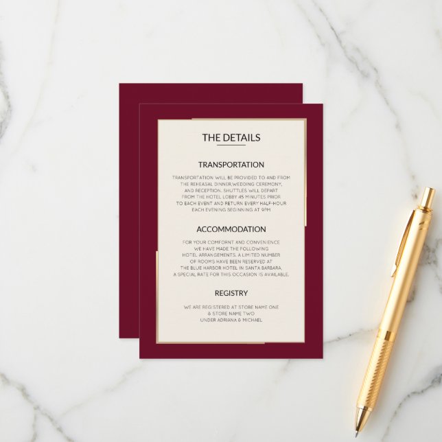 Simple Burgundy Wedding Details  Enclosure Card (Front/Back In Situ)