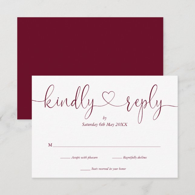 Simple Burgundy White Script Heart Kindly Reply RSVP Card (Front/Back)