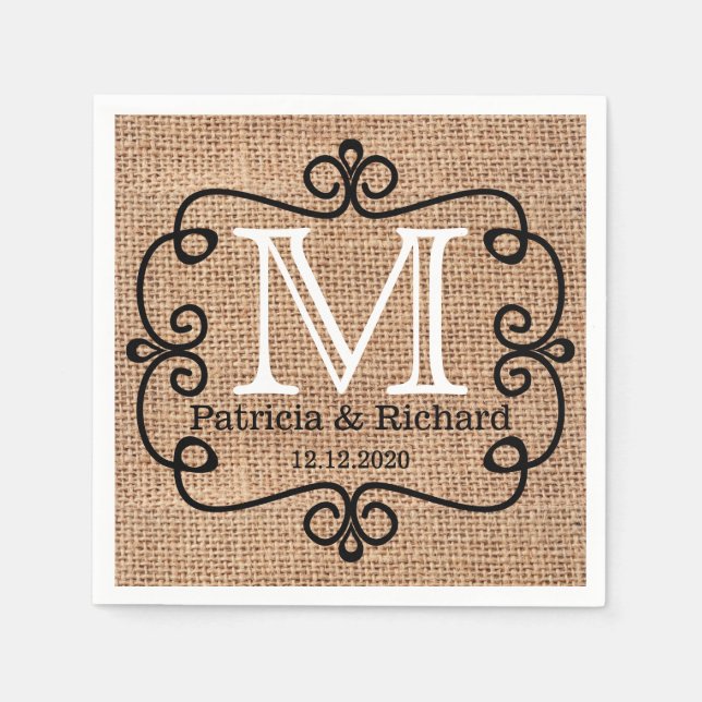 Simple Burlap Bride Groom Wedding Monogram Napkin (Front)
