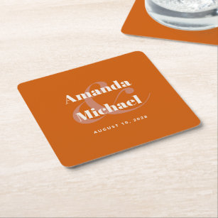 Simple Burnt Orange Modern Minimalist Wedding Square Paper Coaster