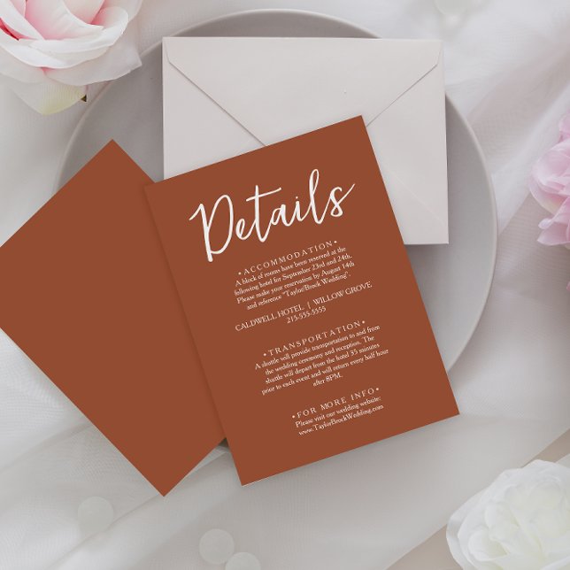 Simple Burnt Orange Script Boho Wedding Details Enclosure Card (Creator Uploaded)