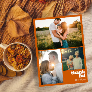 Simple Burnt Orange Thanksgiving 3 Photo Collage Holiday Card