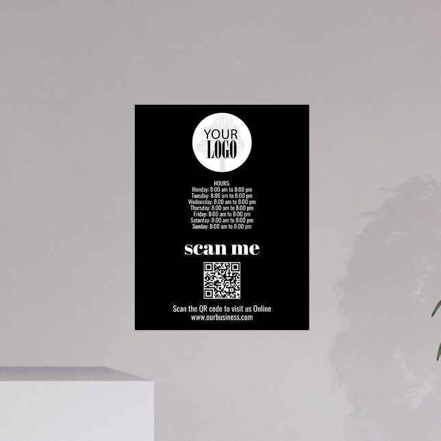 Simple Business Logo Black and White QR Code Photo Print (Simple black and white business sign with hours template, logo, and QR Code. )