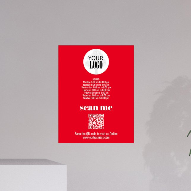 Simple Business Logo QR Code Red Photo Print (Simple red business sign with hours template, logo, and QR Code. )