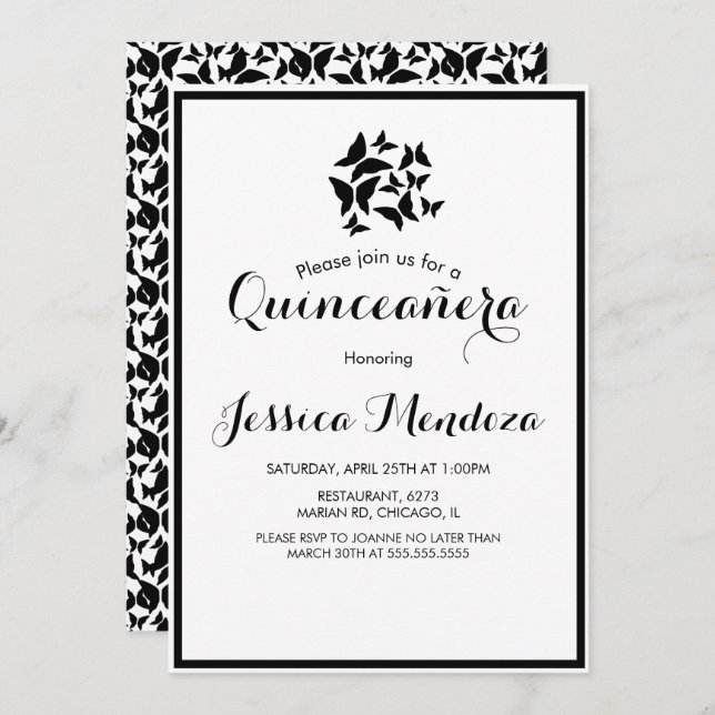 Simple Butterflies Black White Quince Sweet 16  Invitation (Front/Back)