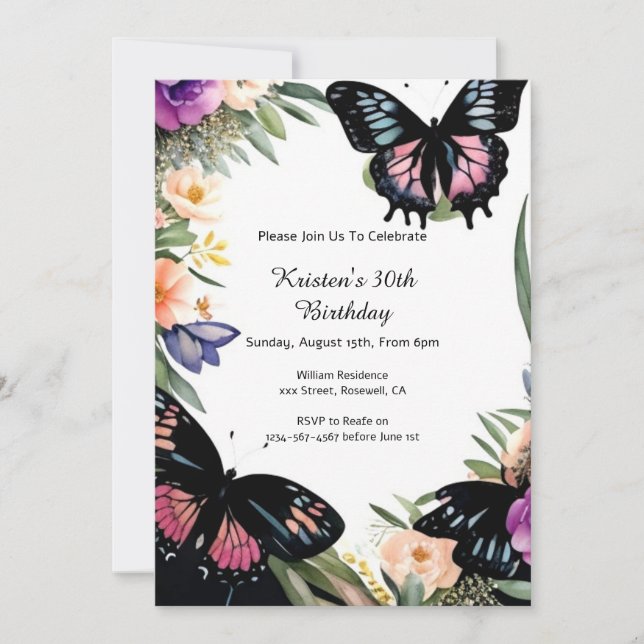 Simple Butterfly Birthday Invitation (Front)
