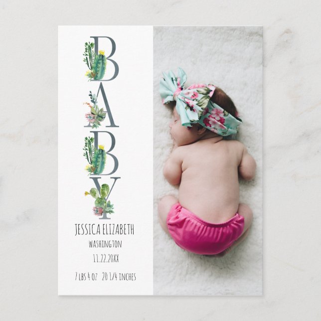 Simple Cactus Baby Photo Birth Announcement Postcard (Front)