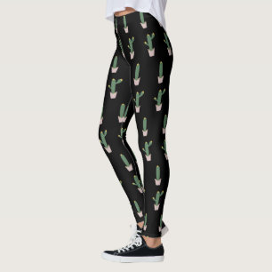 Simple Cactus Pot Plant Pattern Black Leggings