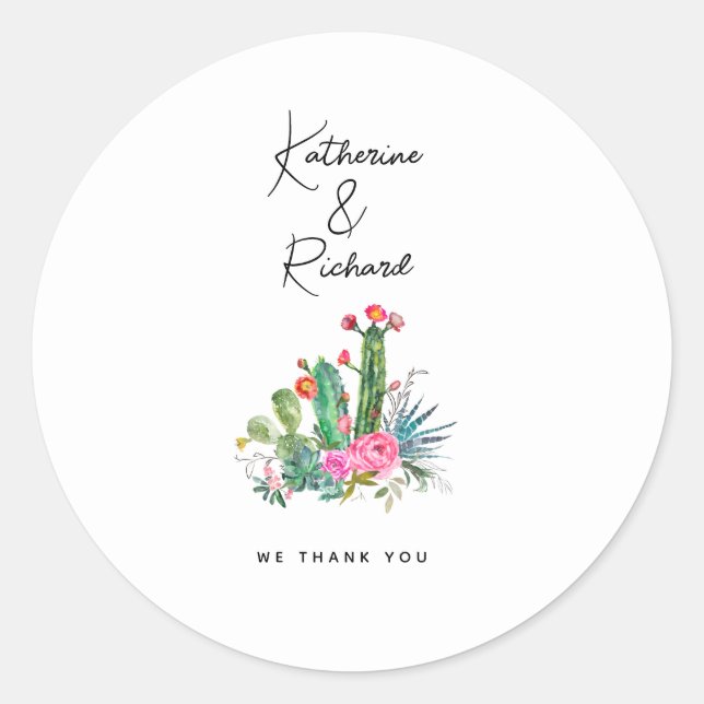 Simple Cactus Wedding Custom Thank You  Classic Round Sticker (Front)