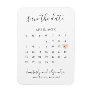 Simple Calendar Pastel Peach Heart Save the Date Magnet
