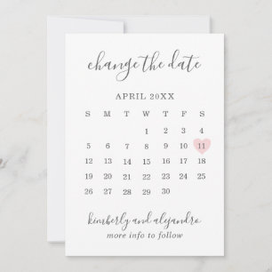 Simple Calendar Pink Heart Wedding Change the Date Announcement