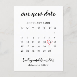 Simple Calendar Red Heart Wedding Change the Date Announcement Postcard
