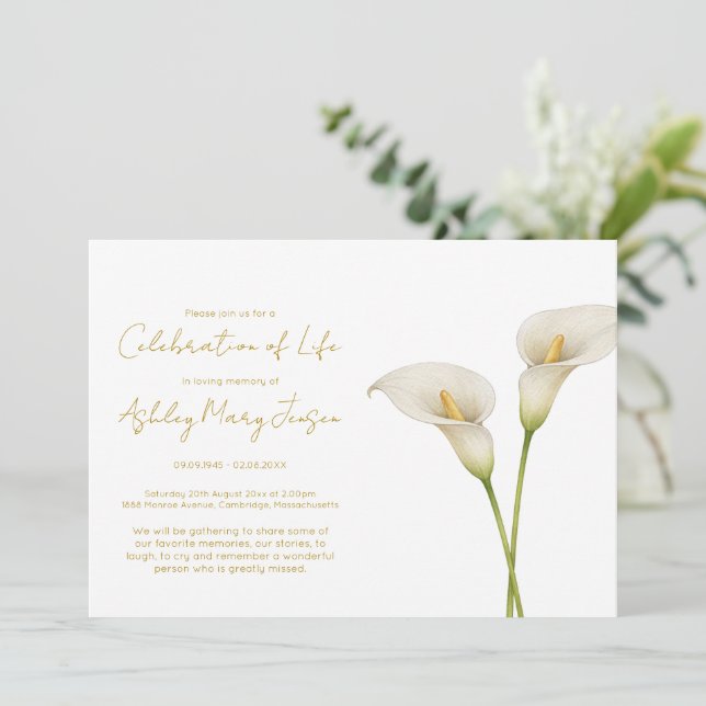 Simple Calla Lily Celebration of Life Funeral Invitation (Standing Front)
