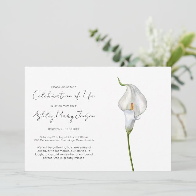 Simple Calla Lily Celebration of Life Funeral Invitation (Standing Front)