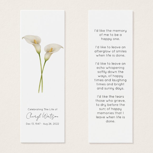 Simple Calla Lily Funeral Memorial Bookmark (Front & Back)