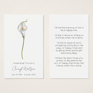 Simple Calla lily Funeral Memorial Prayer Card