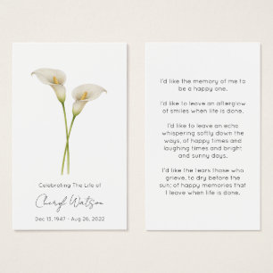 Simple Calla lily Funeral Memorial Prayer Card
