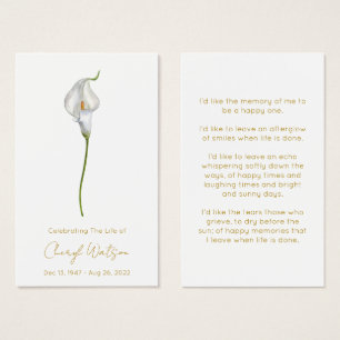 Simple Calla lily Funeral Memorial Prayer Card