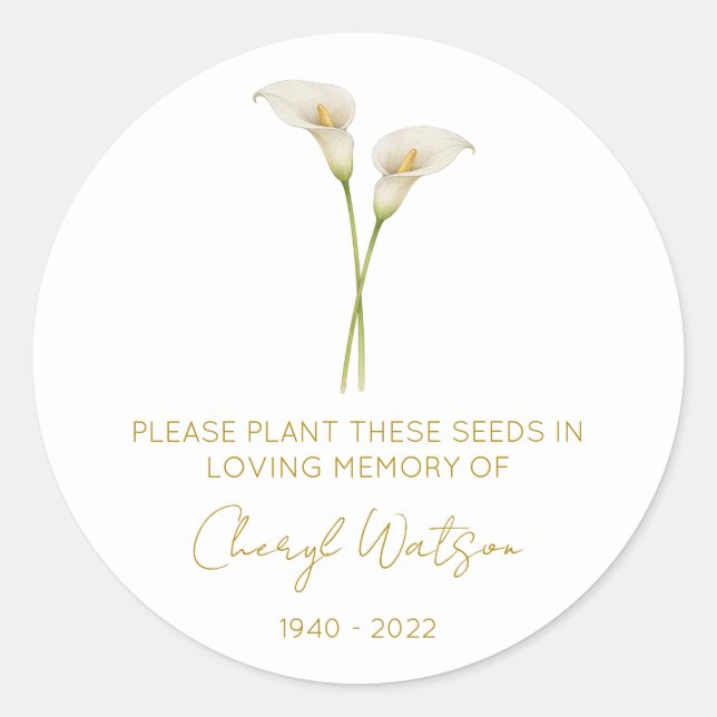 Simple Calla lily Memorial Seed Packet Classic Round Sticker (Front)