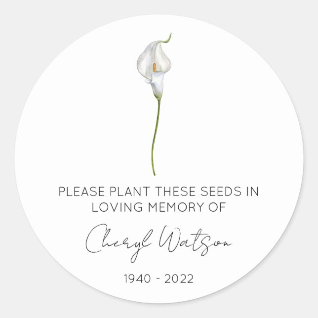 Simple Calla lily Memorial Seed Packet Classic Round Sticker (Front)