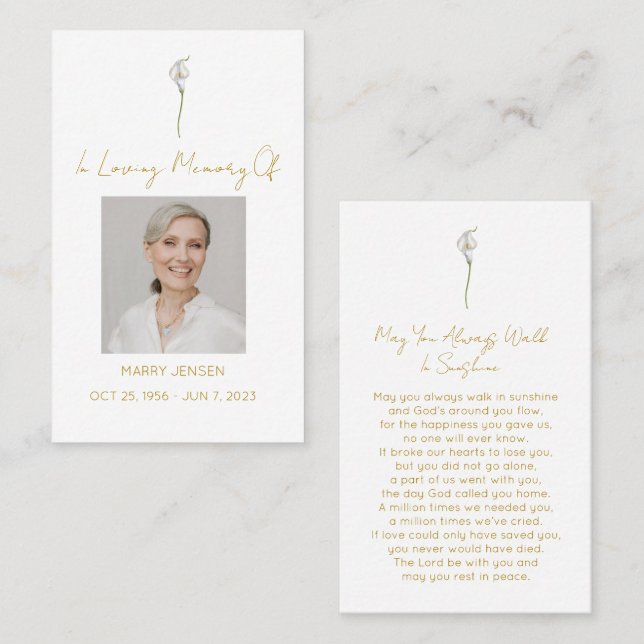 Simple Calla lily Photo Funeral Prayer Card (Front/Back)